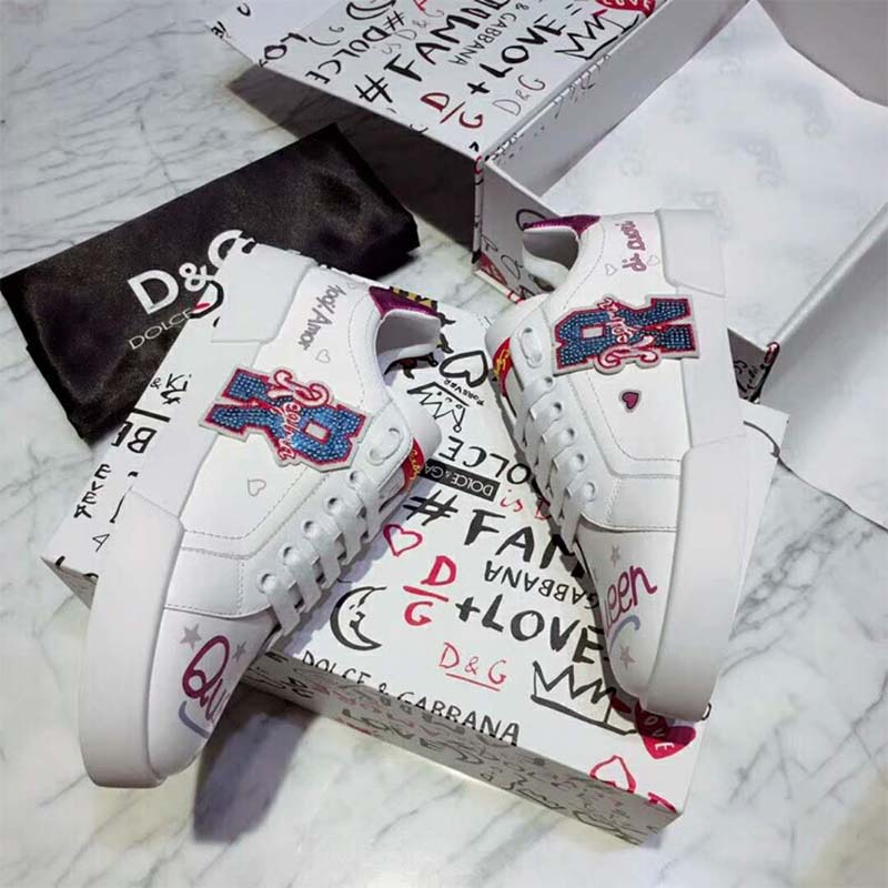 Dolce Gabbana D&G Women Shoes Calfskin Sneakers with Embroidered Patc - Image 4