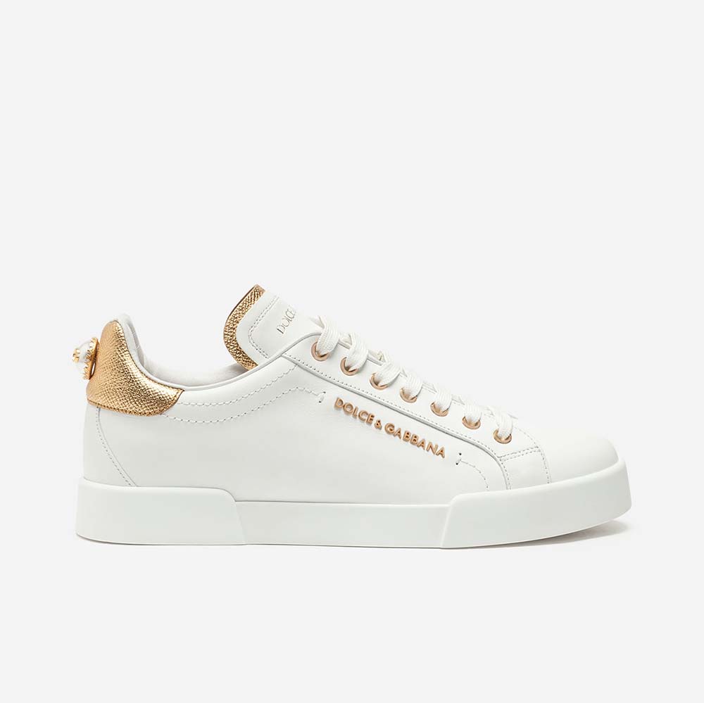 Dolce Gabbana D&G Women Shoes Leather Sneakers with Logo Bead-White