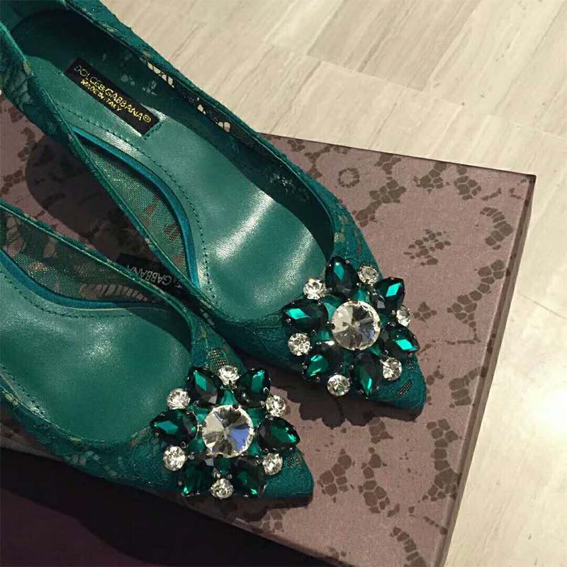 Dolce Gabbana D&G Women Shoes Pump in Taormina Lace with Crystals 60mm Heel-Green - Image 4