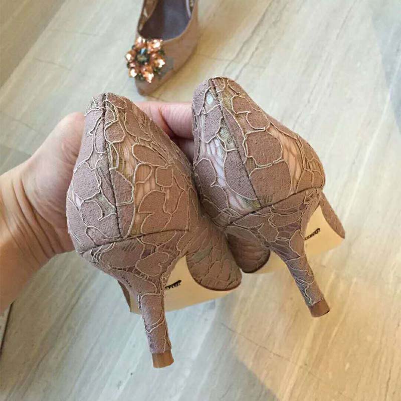 Dolce Gabbana D&G Women Shoes Pump in Taormina Lace with Crystals 90mm Heel-Pink - Image 4