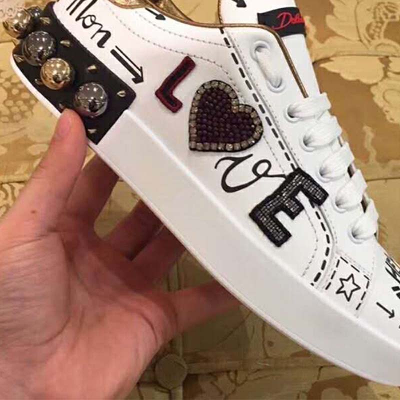 Dolce Gabbana D&G Women Shoes Zapatillas Portofino De Becerro Estampado Con Parche Y Bordados-White - Image 5