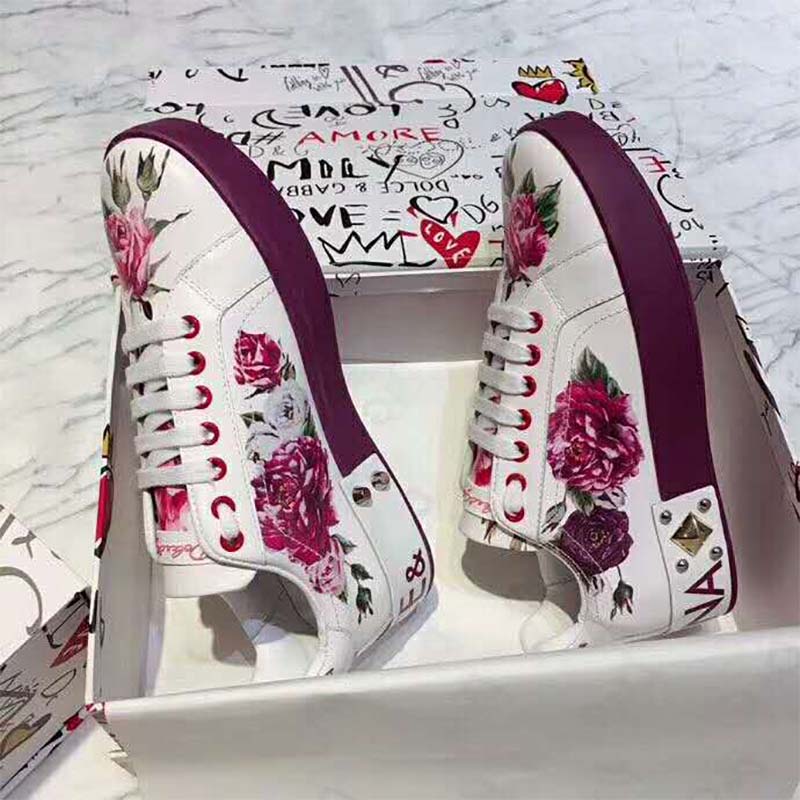 Dolce Gabbana D&G Women Shoes Zapatillas Pportofino De Becerro Estampado Con Aplicaciones - Image 4