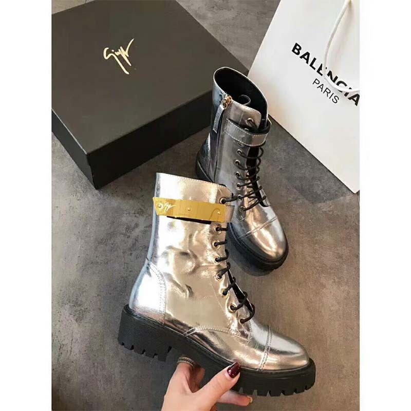 Giuseppe Zanotti Women Shoes Harvey Mirrored Silver Patent Leather Boot with Plated-Metal - Image 5
