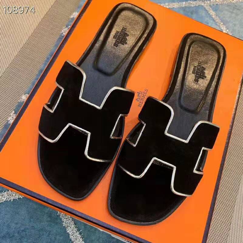 Hermes Women Oran Sandal in Velvet and Nappa Leather with Metallic Finish and Iconic "H" Cut-Out-Black - Image 4