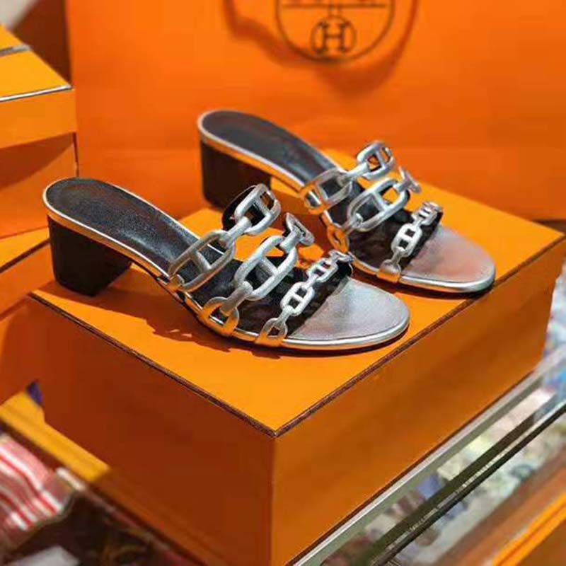 Hermes Women Tandem Sandal in Nappa Leather 5.1cm Heel-Silver - Image 2