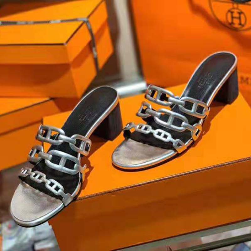 Hermes Women Tandem Sandal in Nappa Leather 5.1cm Heel-Silver - Image 4