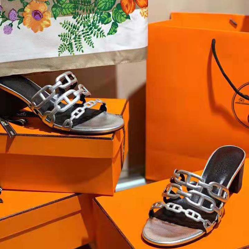 Hermes Women Tandem Sandal in Nappa Leather 5.1cm Heel-Silver - Image 6