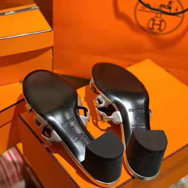 Hermes Women Tandem Sandal in Nappa Leather 5.1cm Heel-Silver - Image 8