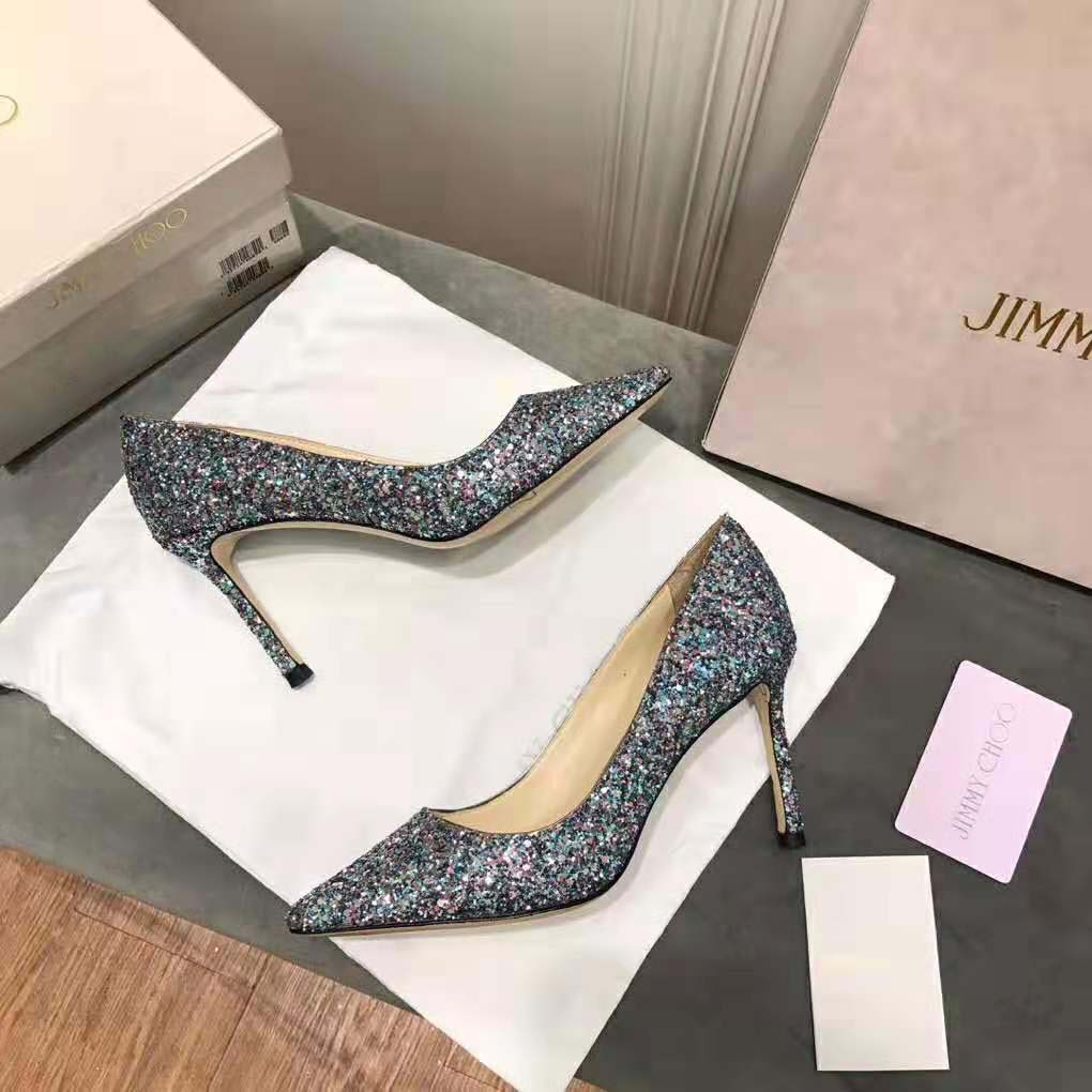 Jimmy Choo Women Romy 85 Gunmetal Star Coarse Glitter Fabric Pointy Toe Pumps-Black - Image 4