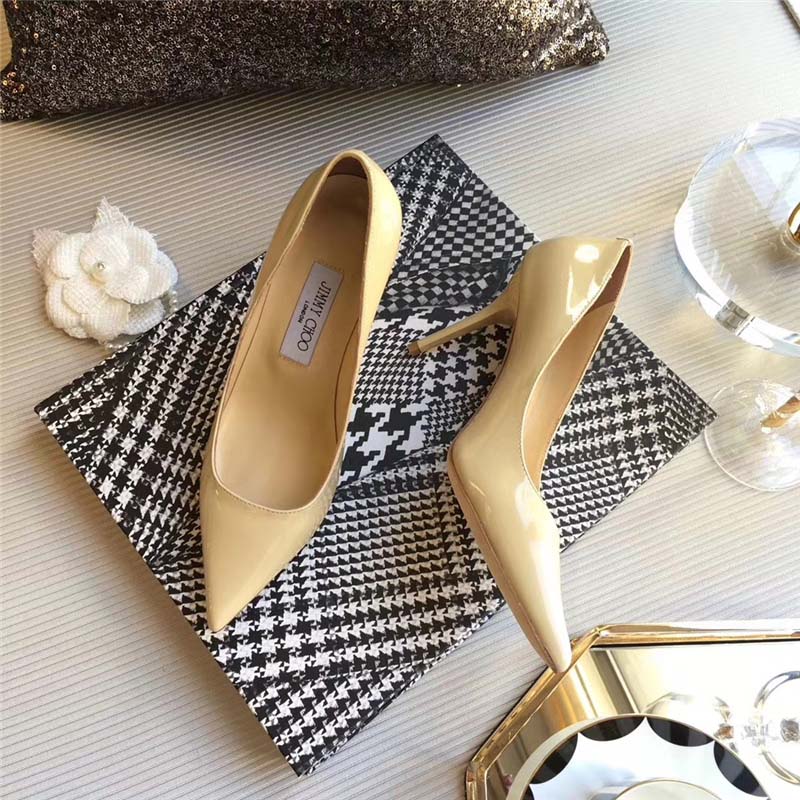 Jimmy Choo Women Romy 85 Patent Leather Pointy Toe Pumps Shoes-Beige - Image 4