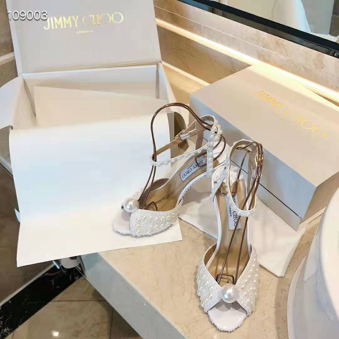 Jimmy Choo Women SACORA 100 White Satin Sandals with All Over Pearls - Image 5