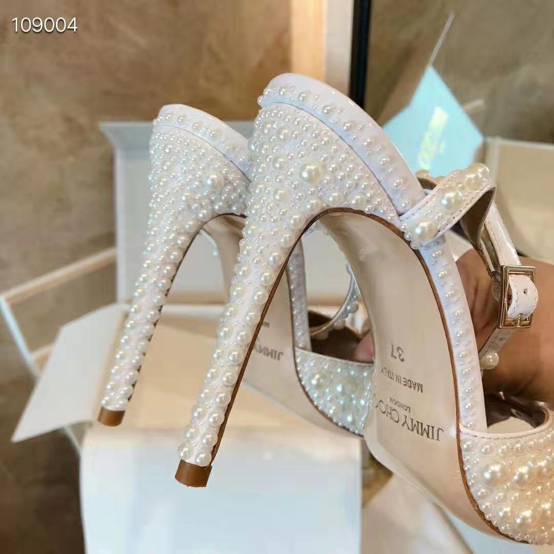 Jimmy Choo Women SACORA 100 White Satin Sandals with All Over Pearls - Image 9