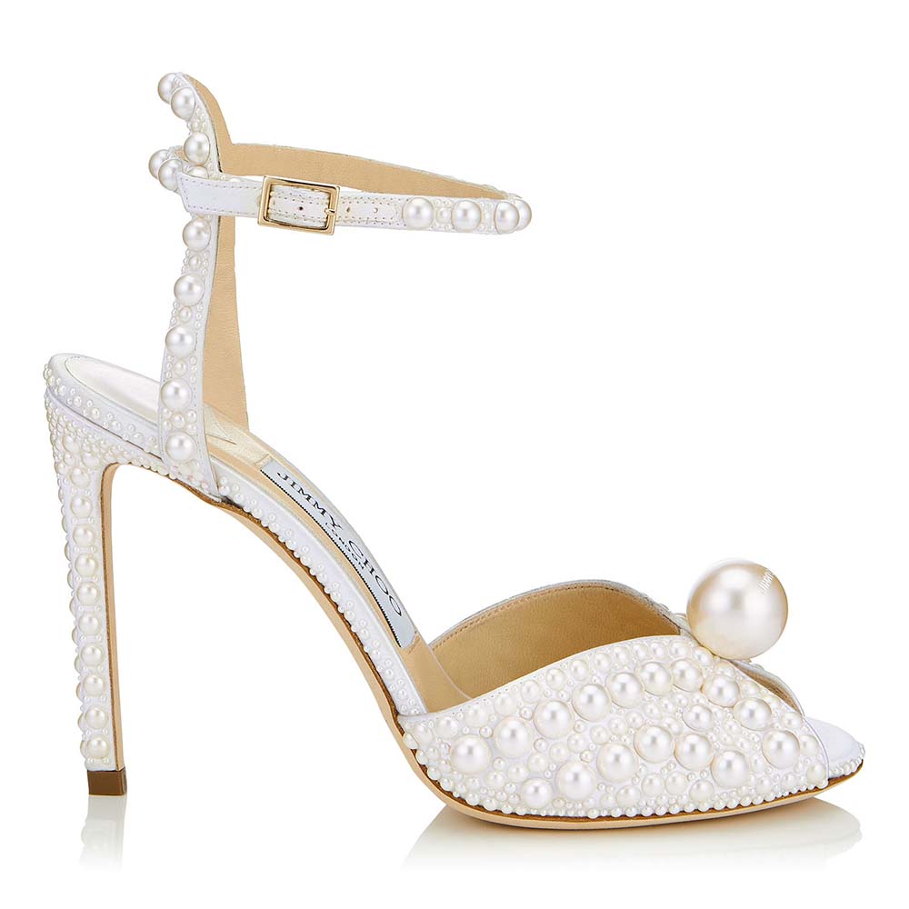 Jimmy Choo Women SACORA 100 White Satin Sandals with All Over Pearls