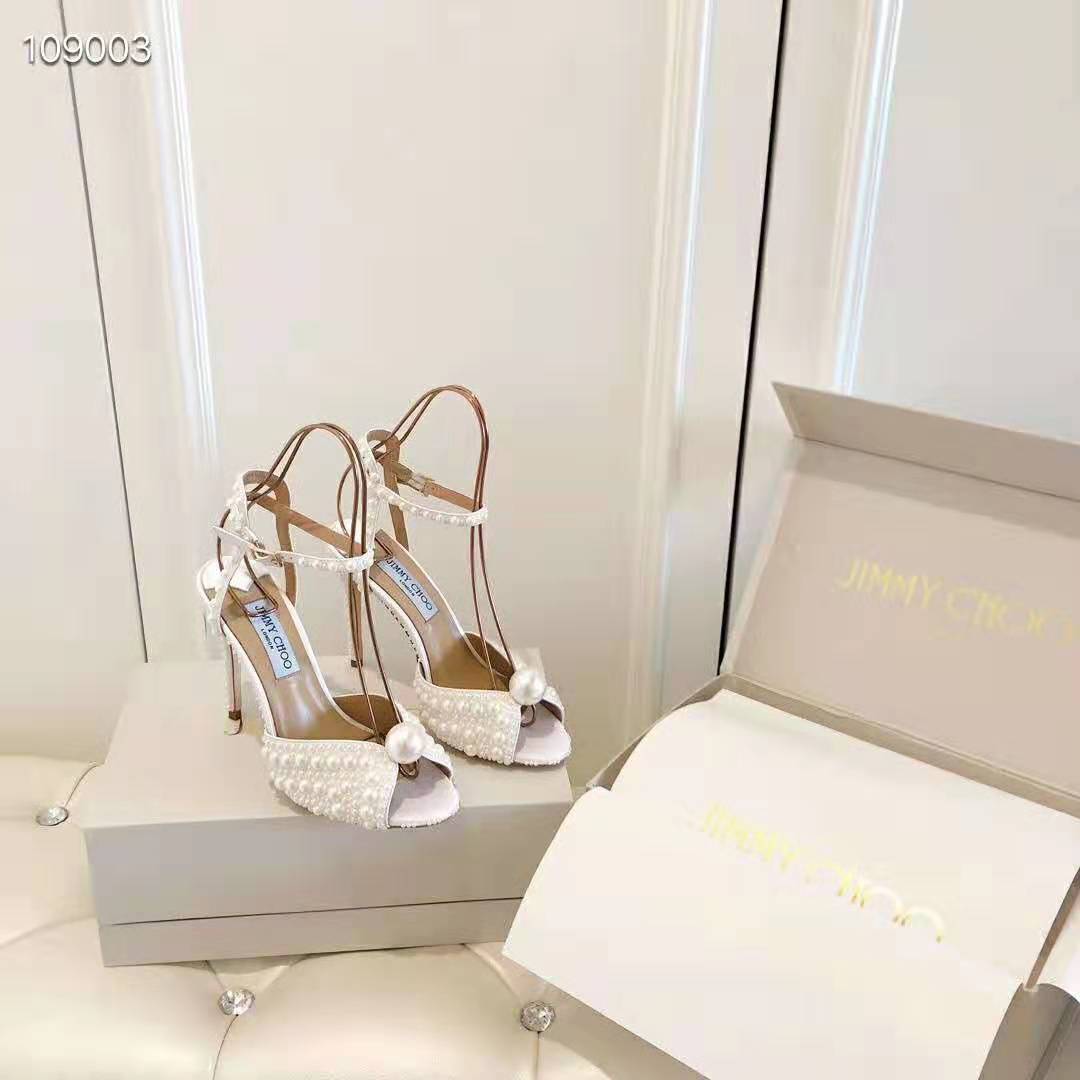 Jimmy Choo Women SACORA 100 White Satin Sandals with All Over Pearls - Image 4