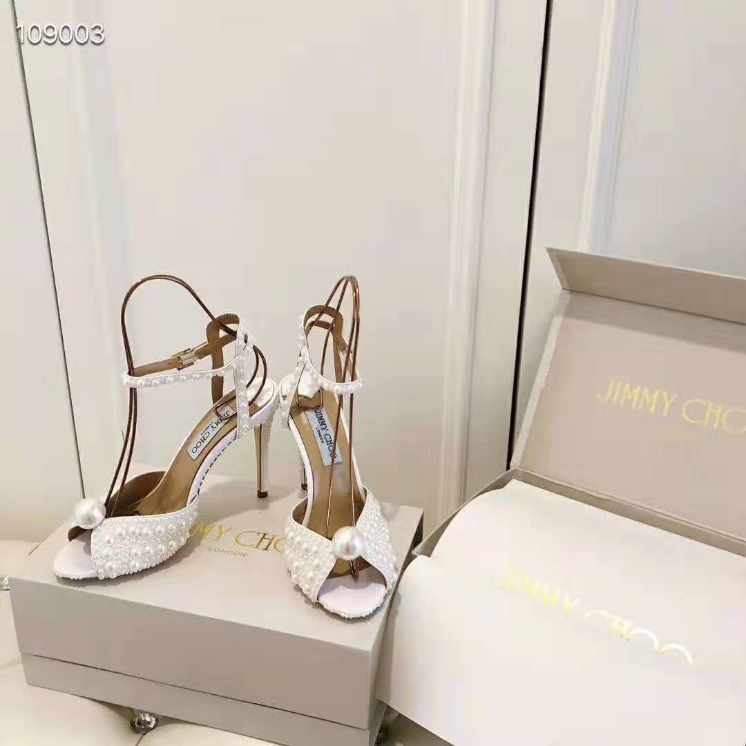 Jimmy Choo Women SACORA 100 White Satin Sandals with All Over Pearls - Image 2