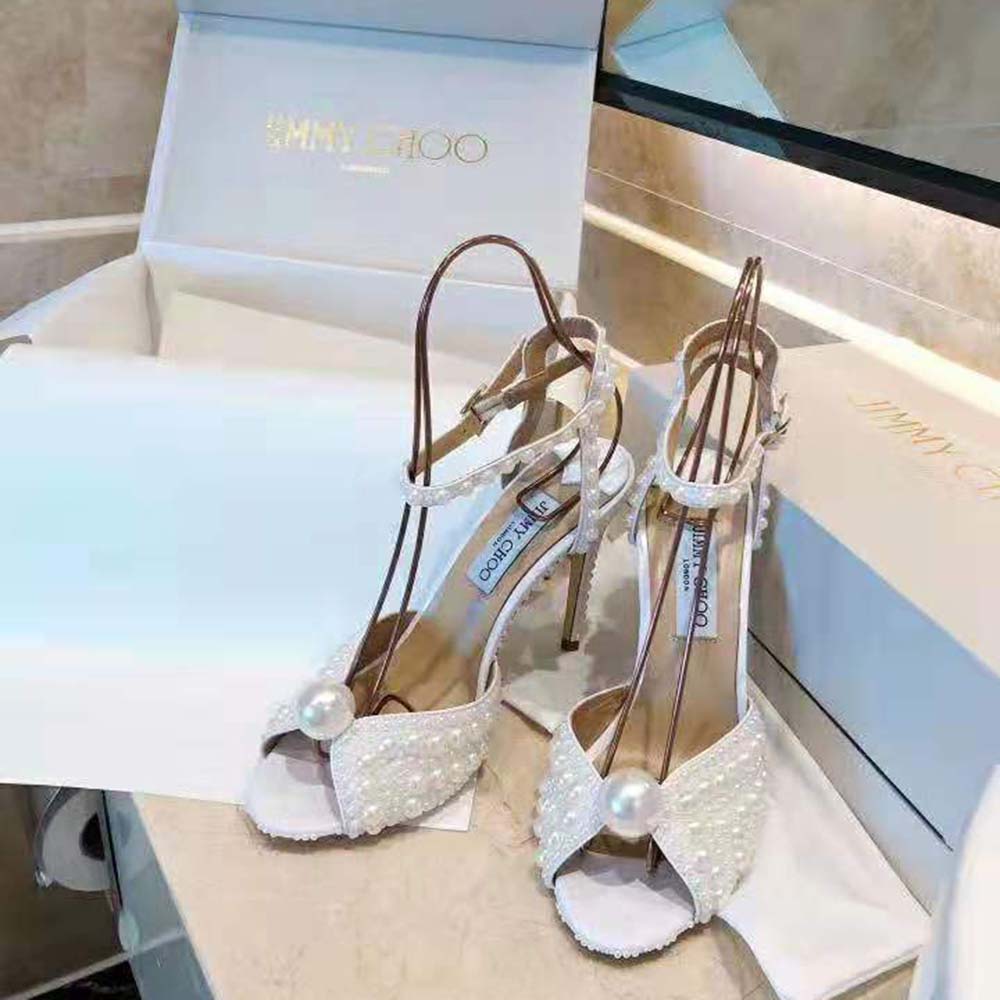Jimmy Choo Women SACORA 100 White Satin Sandals with All Over Pearls - Image 6