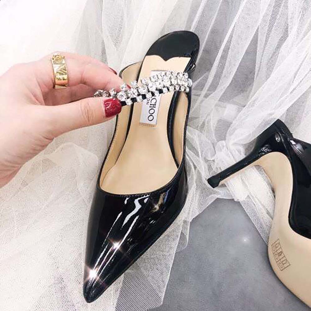 Jimmy Choo Women Shoes Bing 65 Black Patent Leather Mules with Crystal Strap - Image 6