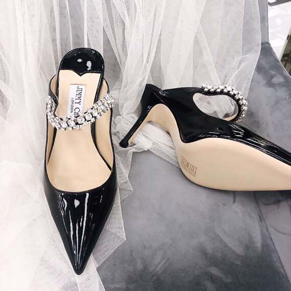 Jimmy Choo Women Shoes Bing 65 Black Patent Leather Mules with Crystal Strap - Image 7