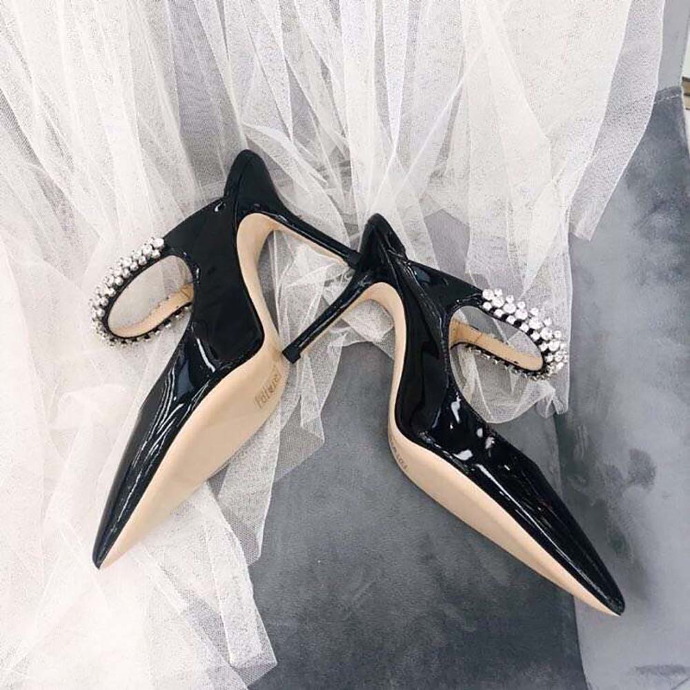 Jimmy Choo Women Shoes Bing 65 Black Patent Leather Mules with Crystal Strap - Image 4