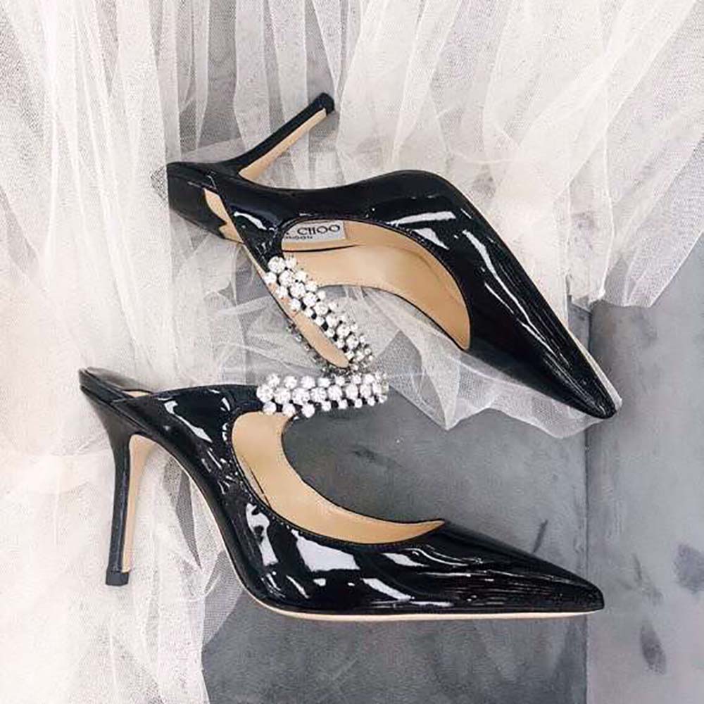 Jimmy Choo Women Shoes Bing 65 Black Patent Leather Mules with Crystal Strap - Image 3