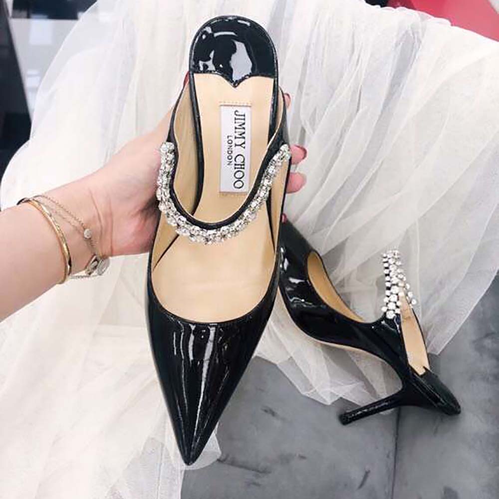Jimmy Choo Women Shoes Bing 65 Black Patent Leather Mules with Crystal Strap - Image 5