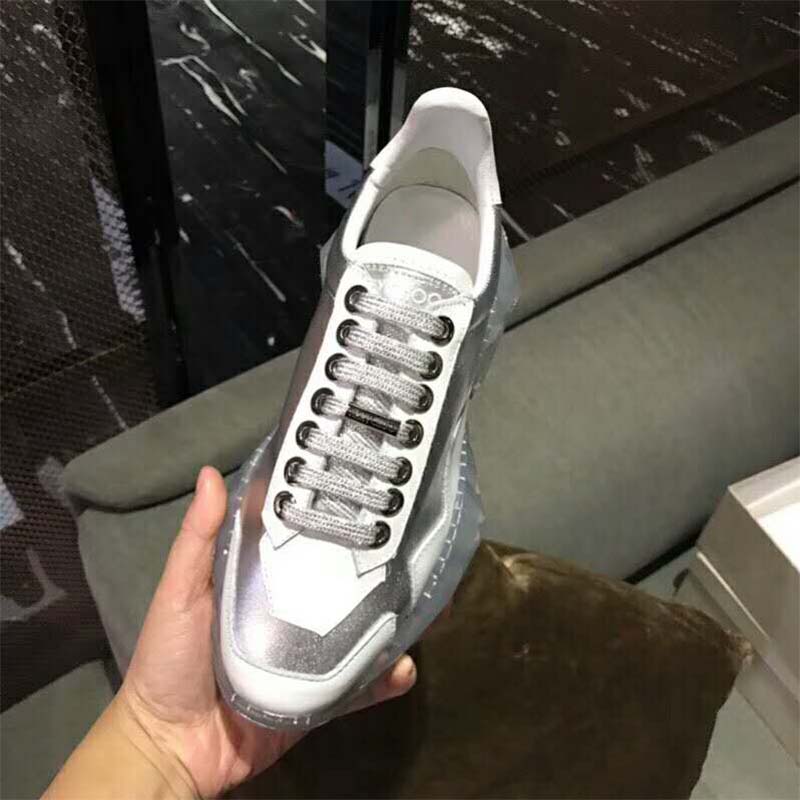Jimmy Choo Women Shoes Diamond/F Silver Metallic Leather and White Calf Leather Low Top Trainers - Image 7