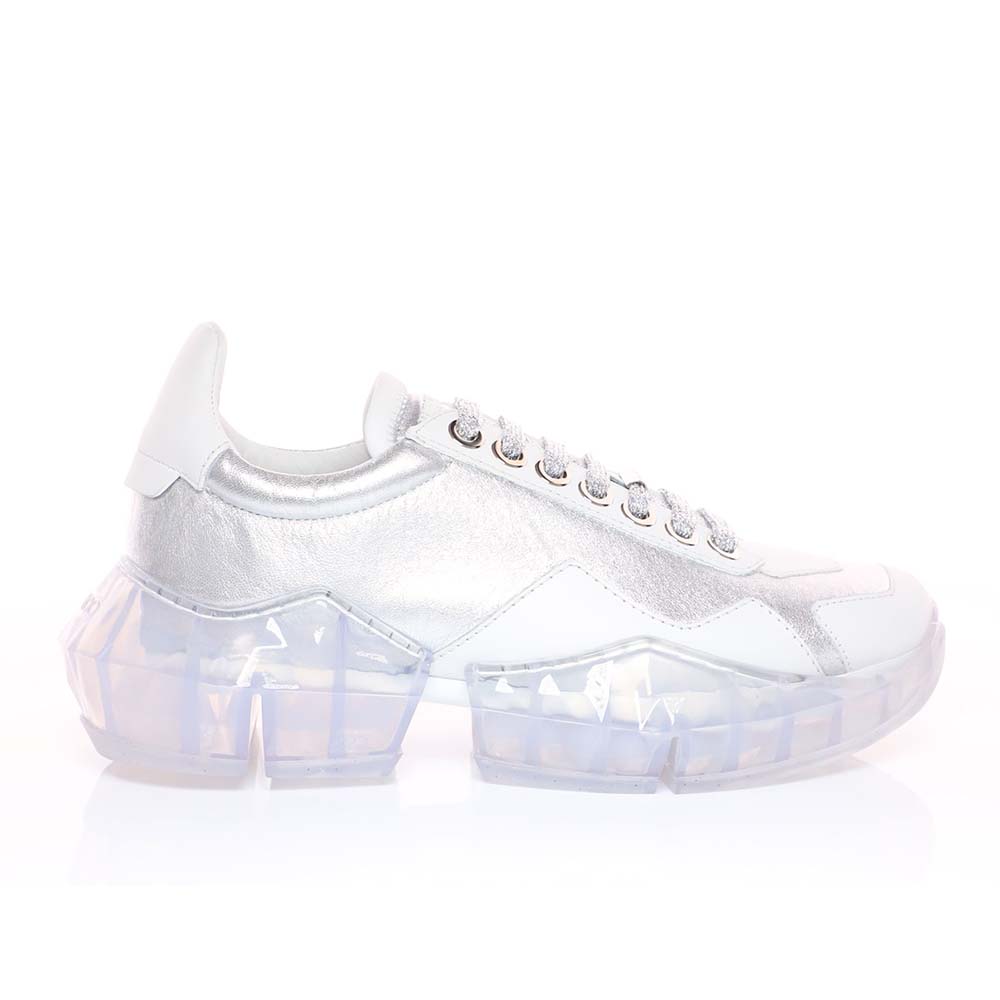 Jimmy Choo Women Shoes Diamond/F Silver Metallic Leather and White Calf Leather Low Top Trainers
