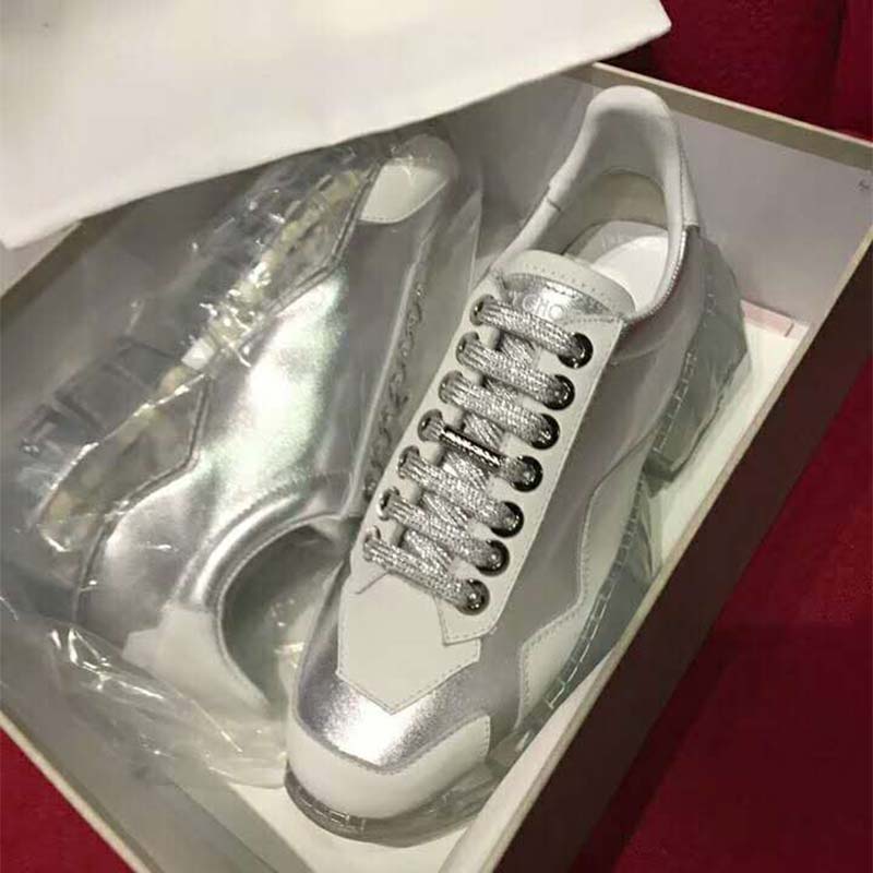 Jimmy Choo Women Shoes Diamond/F Silver Metallic Leather and White Calf Leather Low Top Trainers - Image 6
