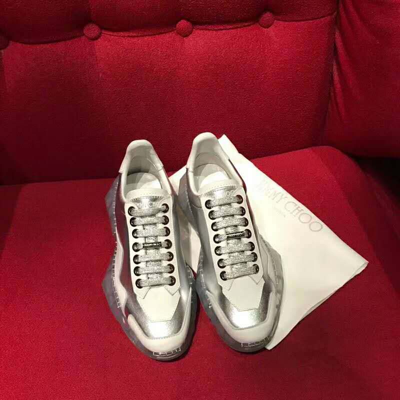Jimmy Choo Women Shoes Diamond/F Silver Metallic Leather and White Calf Leather Low Top Trainers - Image 2