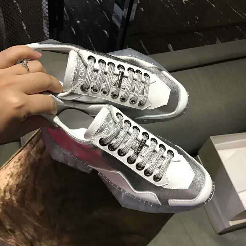 Jimmy Choo Women Shoes Diamond/F Silver Metallic Leather and White Calf Leather Low Top Trainers - Image 5