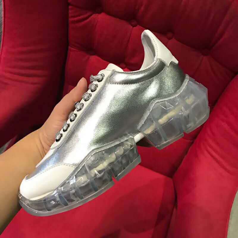 Jimmy Choo Women Shoes Diamond/F Silver Metallic Leather and White Calf Leather Low Top Trainers - Image 9
