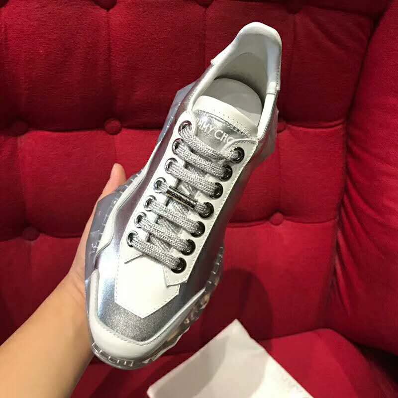 Jimmy Choo Women Shoes Diamond/F Silver Metallic Leather and White Calf Leather Low Top Trainers - Image 8