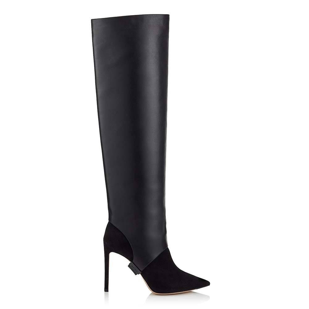 Jimmy Choo Women Shoes Hurley 100 Black Suede and Calf Leather Two-Piece Knee-High Booties