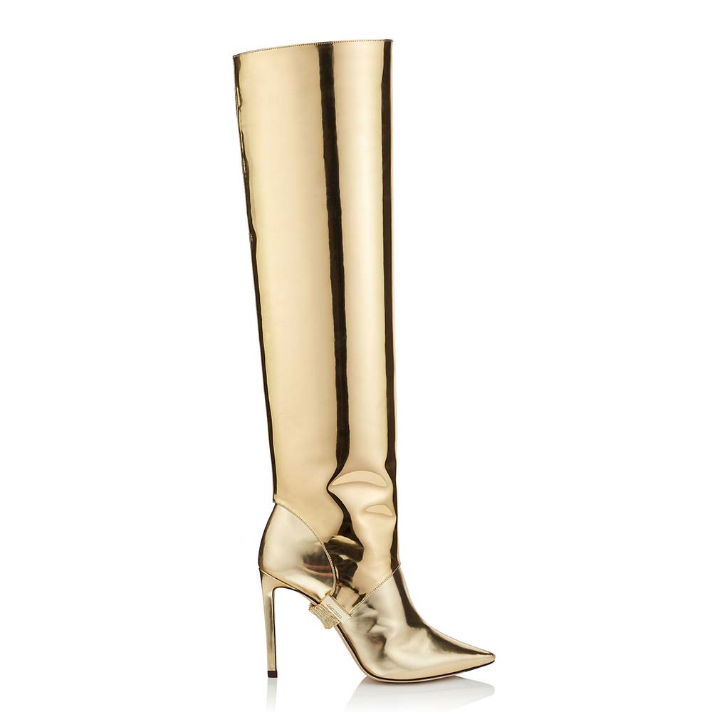 Jimmy Choo Women Shoes Hurley 100 Gold Liquid Mirror Leather Two-Piece Knee High Booties