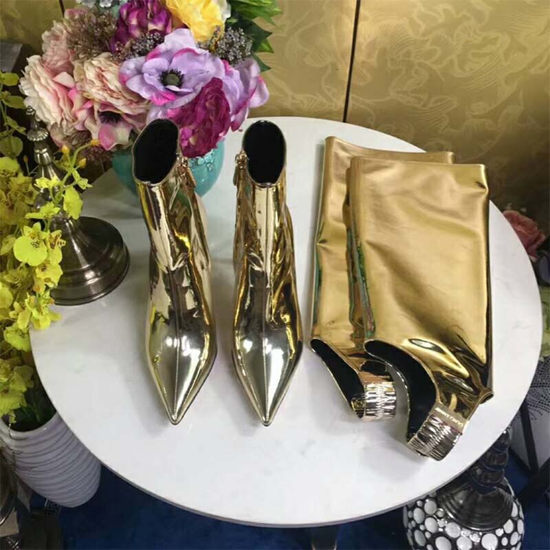 Jimmy Choo Women Shoes Hurley 100 Gold Liquid Mirror Leather Two-Piece Knee High Booties - Image 10