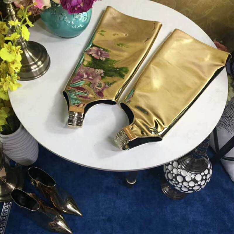 Jimmy Choo Women Shoes Hurley 100 Gold Liquid Mirror Leather Two-Piece Knee High Booties - Image 9