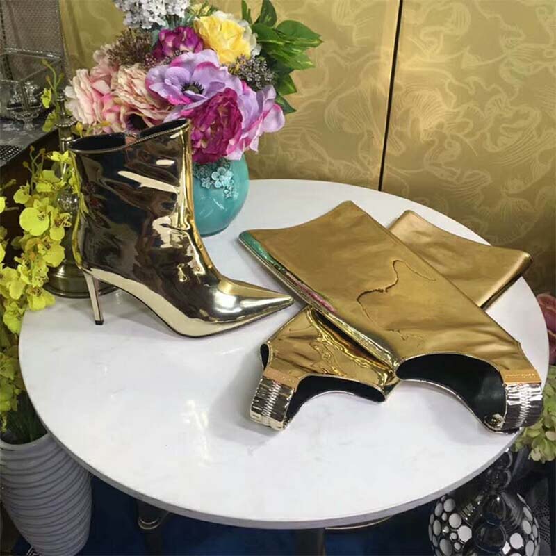 Jimmy Choo Women Shoes Hurley 100 Gold Liquid Mirror Leather Two-Piece Knee High Booties - Image 7