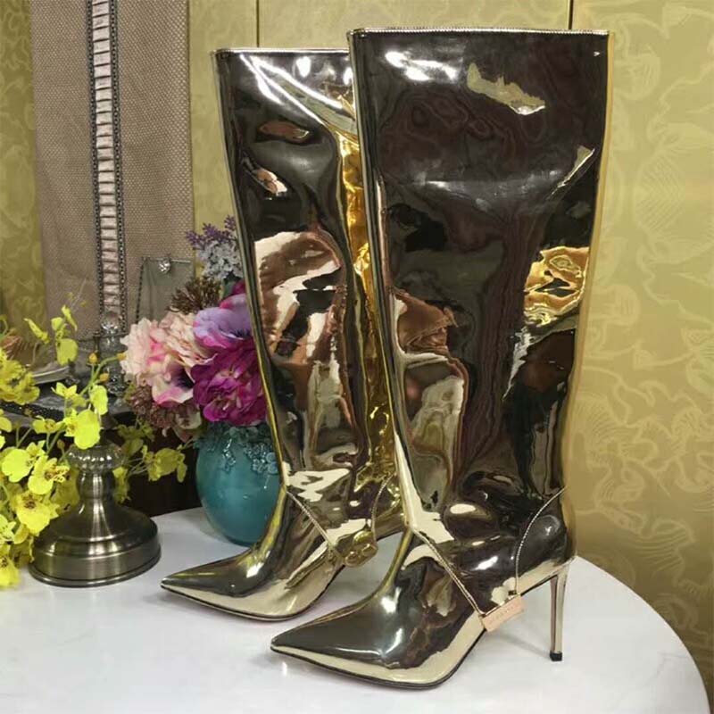 Jimmy Choo Women Shoes Hurley 100 Gold Liquid Mirror Leather Two-Piece Knee High Booties - Image 6