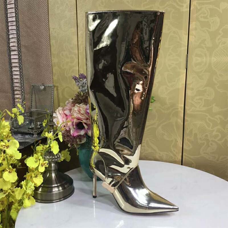 Jimmy Choo Women Shoes Hurley 100 Gold Liquid Mirror Leather Two-Piece Knee High Booties - Image 5