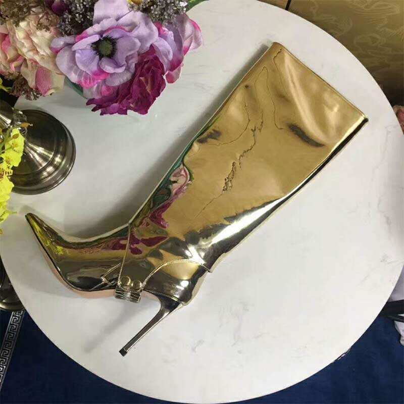 Jimmy Choo Women Shoes Hurley 100 Gold Liquid Mirror Leather Two-Piece Knee High Booties - Image 4