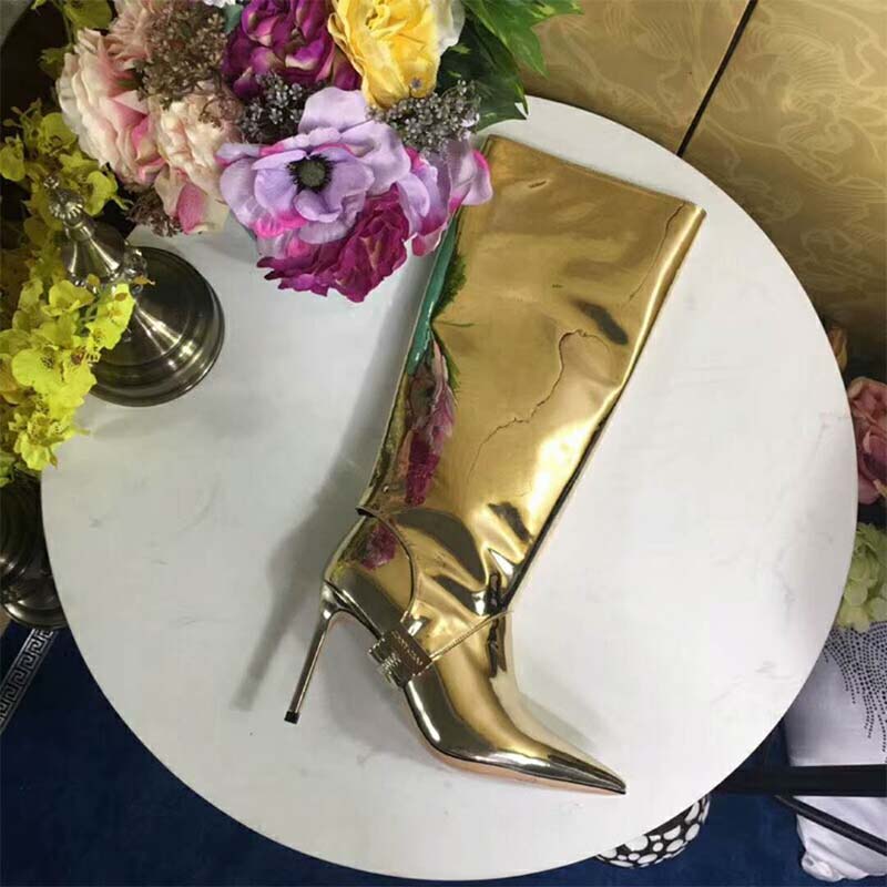 Jimmy Choo Women Shoes Hurley 100 Gold Liquid Mirror Leather Two-Piece Knee High Booties - Image 3