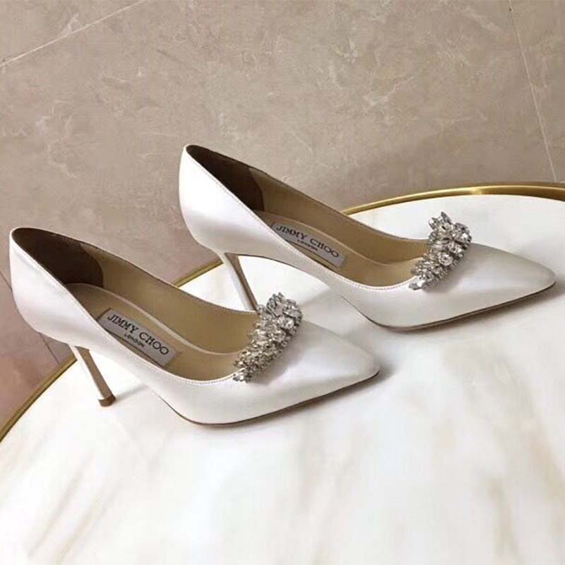 Jimmy Choo Women Shoes Romy 85 Lvory Satin Pointy Toe Pumps with Crystal Tiara - Image 3