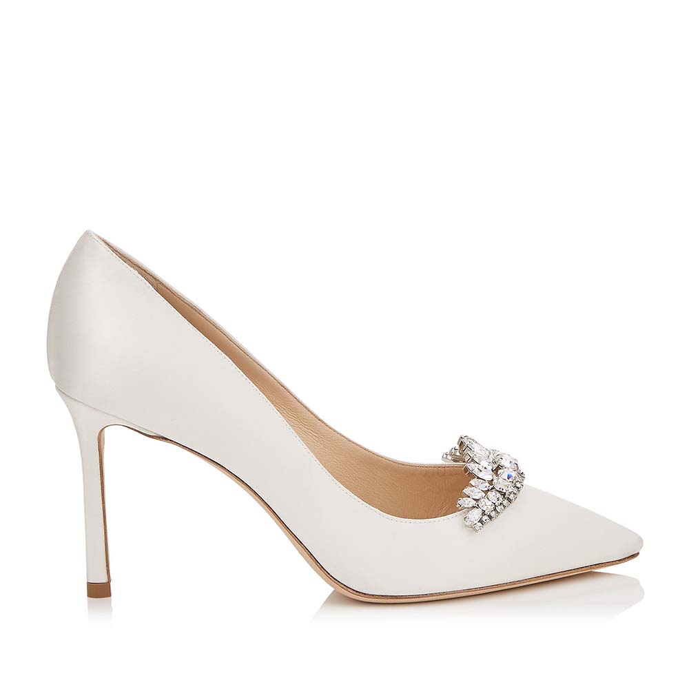 Jimmy Choo Women Shoes Romy 85 Lvory Satin Pointy Toe Pumps with Crystal Tiara
