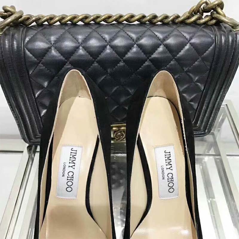 Jimmy Choo Women Shoes Romy 85 Opal Suede Pointy Toe Pumps-Black - Image 8