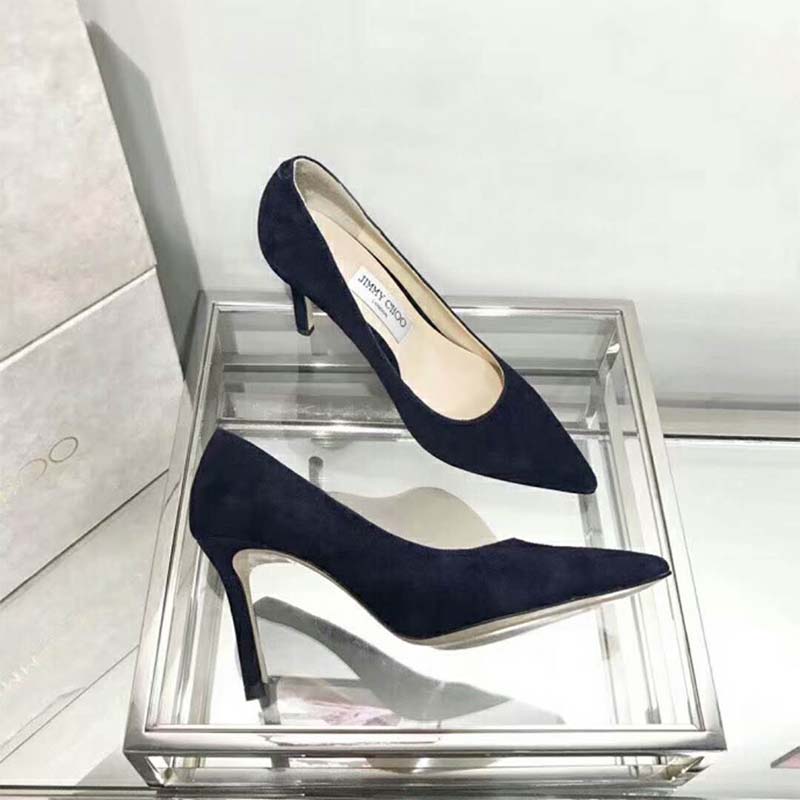 Jimmy Choo Women Shoes Romy 85 Opal Suede Pointy Toe Pumps-Navy - Image 3