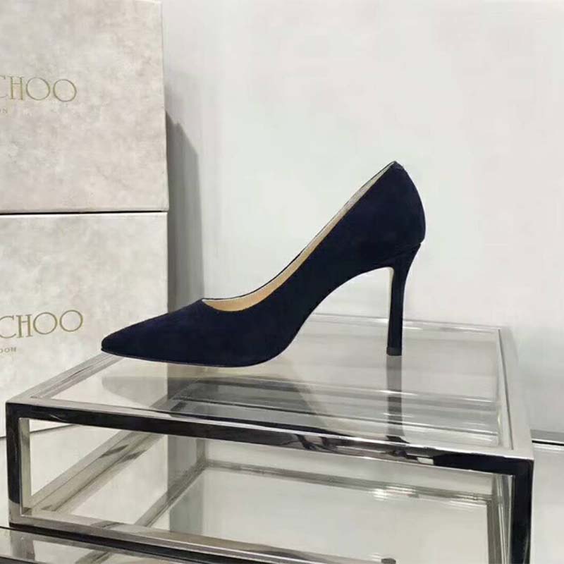 Jimmy Choo Women Shoes Romy 85 Opal Suede Pointy Toe Pumps-Navy - Image 7