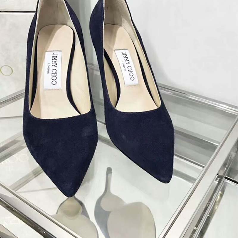 Jimmy Choo Women Shoes Romy 85 Opal Suede Pointy Toe Pumps-Navy - Image 4