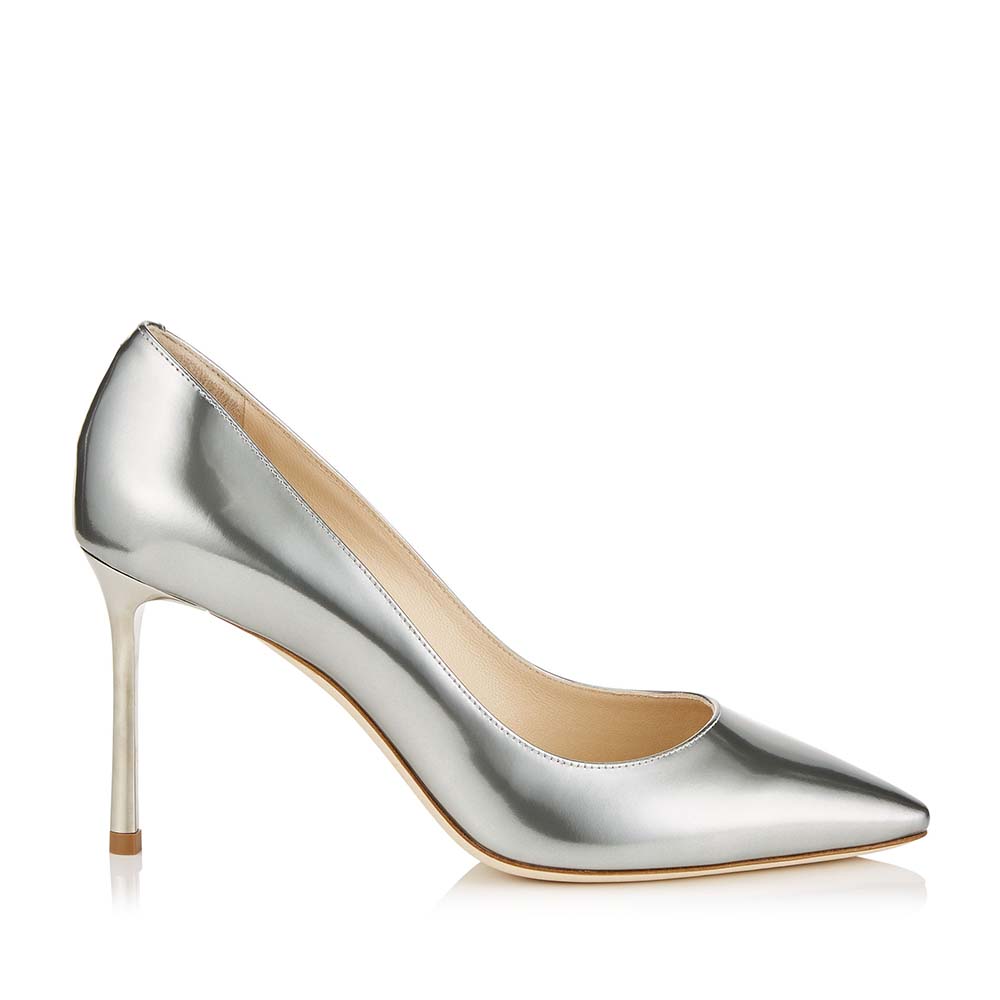 Jimmy Choo Women Shoes Romy 85 Silver Liquid Mirror Leather Pointy Toe Pumps