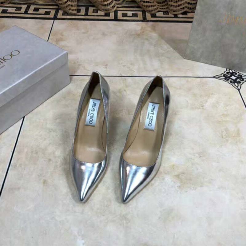 Jimmy Choo Women Shoes Romy 85 Silver Liquid Mirror Leather Pointy Toe Pumps - Image 5