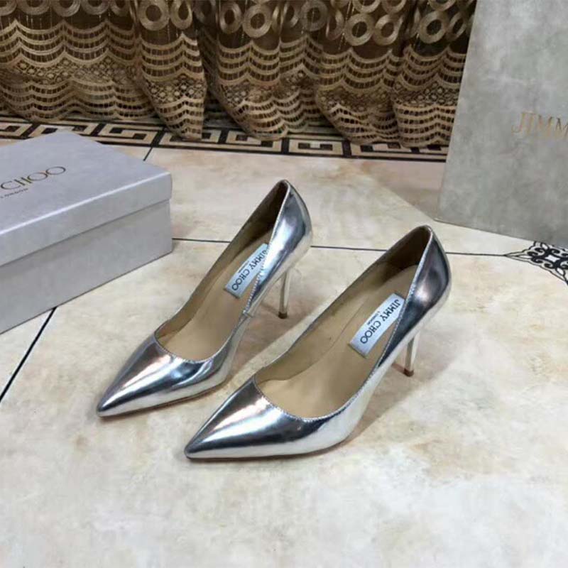 Jimmy Choo Women Shoes Romy 85 Silver Liquid Mirror Leather Pointy Toe Pumps - Image 4